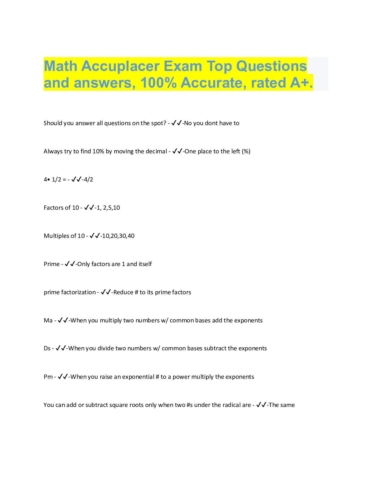 Preview image for Math Accuplacer Exam Top Questions  and answers, 100% Accurate, rated A+.